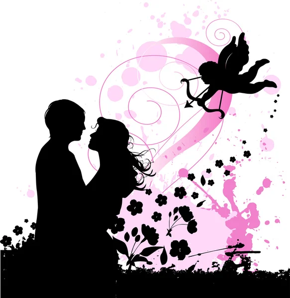 Valentine's background with cupid and couple in love — Stock Vector