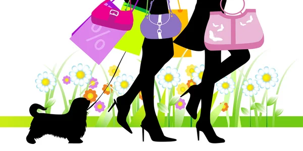 Vector illustration, woman sexy legs with bags. Shopping. — Stock Vector