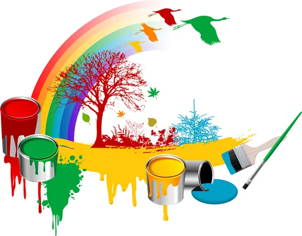 Pincéis, tintas, baldes, flores, árvores e arco-íris — Vetor de Stock