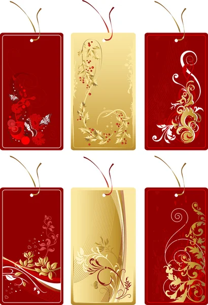 Set di etichette rosse e oro con fiore astratto — Vettoriale Stock