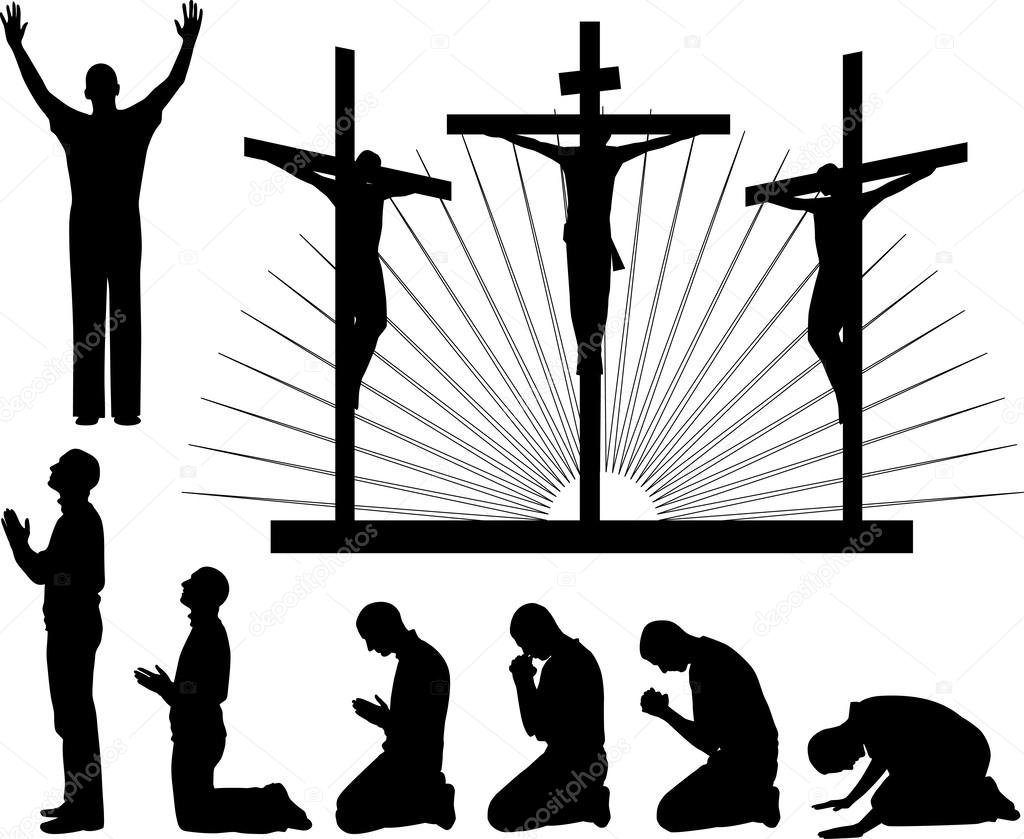 Silhouettes of the three crosses and praying man