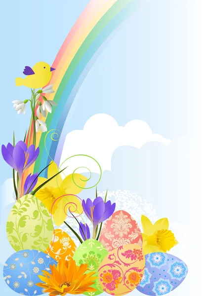 Påsk bakgrund med blommor och ägg. — Stock vektor