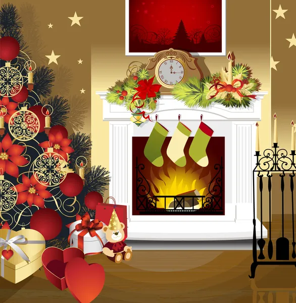 Christmas room with fireplace — Stock Vector