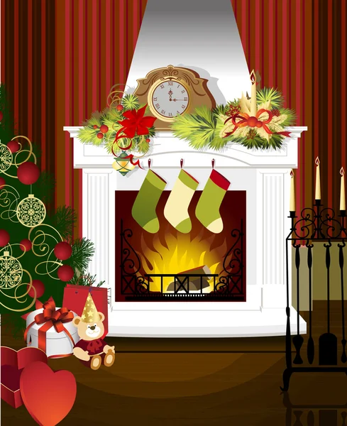 Christmas room with fireplace — Stock Vector