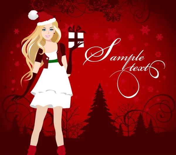 Santa dressed girl with present. — Stock Vector