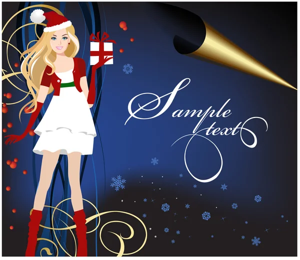 Santa dressed girl with present. — Stock Vector