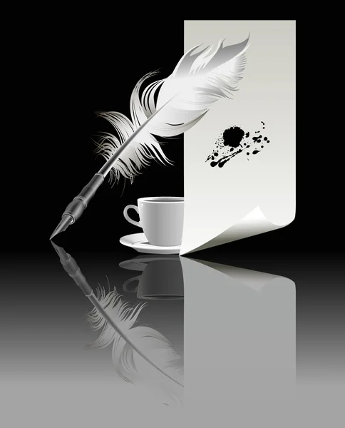 Banner con una pluma y una taza de café . — Archivo Imágenes Vectoriales