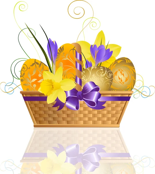 Easter basket with flowers and eggs. — Stock Vector