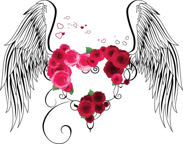 Heart with roses and wings. — Stock Vector