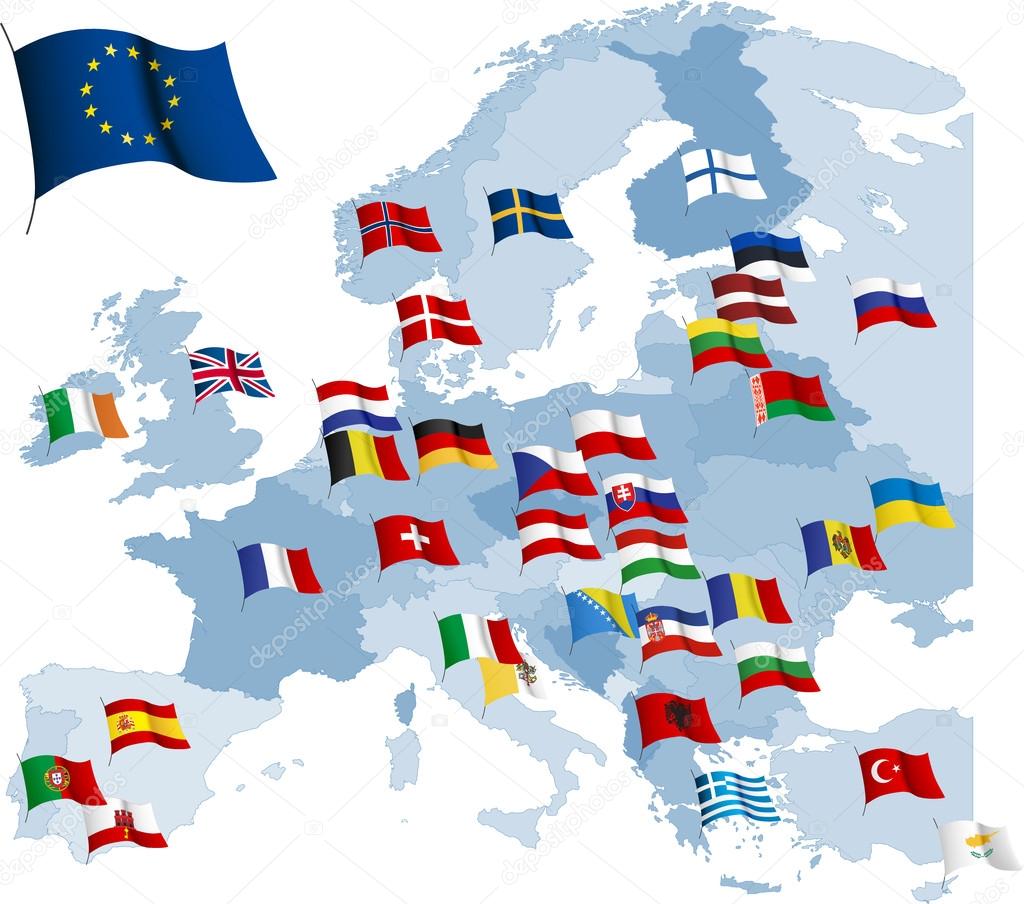 European country flags and map.