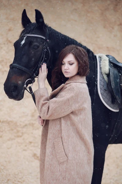 Preciosa y hermosa chica de la apariencia europea morena con caballo marrón en la naturaleza de invierno con accesorios. Moda y belleza. Animales y naturales . Fotos De Stock Sin Royalties Gratis