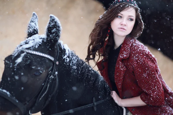 Lovely and beautiful girl of the European appearance brunette with brown horse in winter nature with accessories. Fashion and beauty. Animal and natural. Stock Image