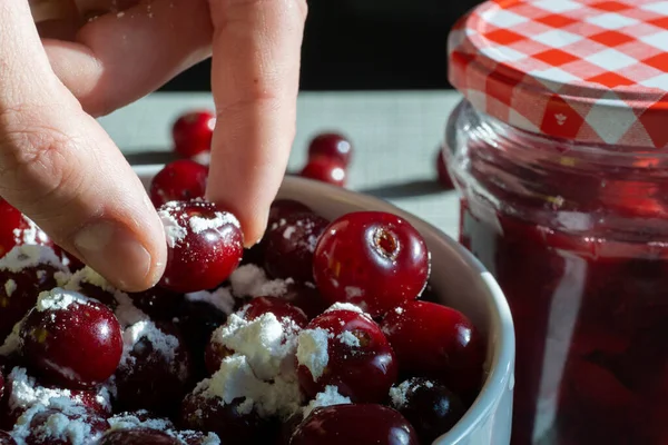 Cherries Jar Jam Background Fresh Fruits Table Closeup High Quality — Photo