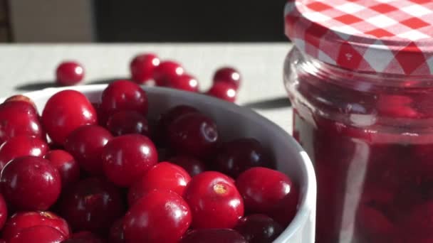 Rotating Bowl Red Fresh Ripe Cherries Background White Brick Wall — Stok video