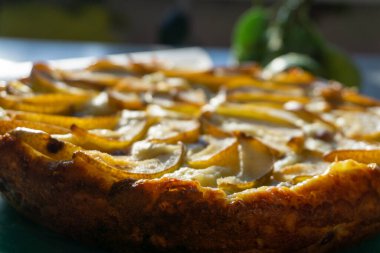 Casserole pie of cottage cheese with raisins and pears