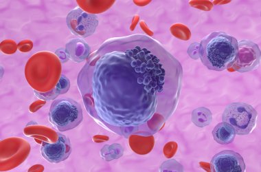 Kan akışındaki akut miyeloid lösemi (AML) hücreleri - yakın çekim görüntüsü 3d illüstrasyon