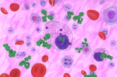 Kan akışında M (Monoklonal) proteini salgılayan çoklu miyelom hücreleri - izometrik görünüm 3d illüstrasyon