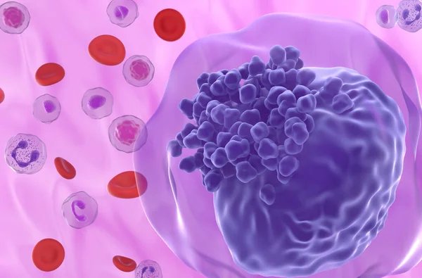 Kan akışında akut miyeloid lösemi (AML) hücresi - süper yakın çekim görüntüsü 3d illüstrasyon