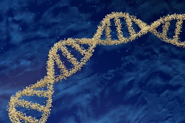 DNA molekülündeki altın nükleotidler (insan genomu) nebula zeminli çift sarmal zincir - izometrik görünüm 3d illüstrasyon
