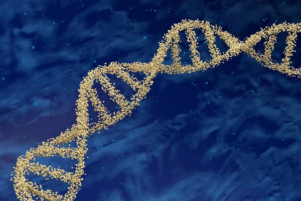 DNA molekülündeki altın nükleotidler (insan genomu) nebula zeminli çift sarmal zincir - izometrik görünüm 3d illüstrasyon