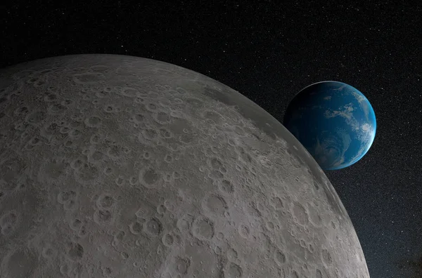Earth view from Moon in the solar system - 3d illustration, closeup view
