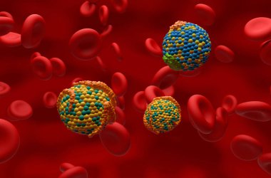 Kan akışında HDL (iyi) ve LDL (Kötü) lipoprotein (kolesterol) - Yakın görünüm 3d illüstrasyon