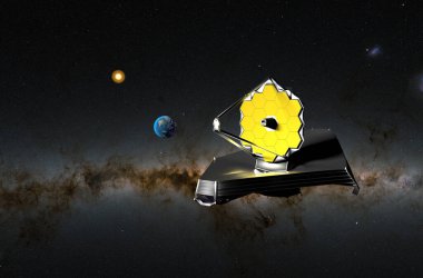 Dünya ve Ay ile James Webb Uzay Teleskobu (JWST) - Kapanış görünümü 3d illüstrasyon