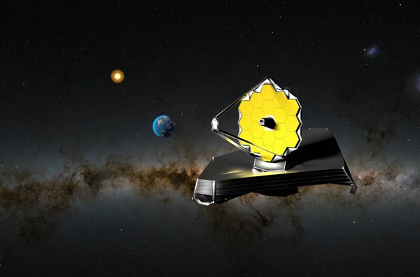 Dünya ve Ay ile James Webb Uzay Teleskobu (JWST) - Kapanış görünümü 3d illüstrasyon