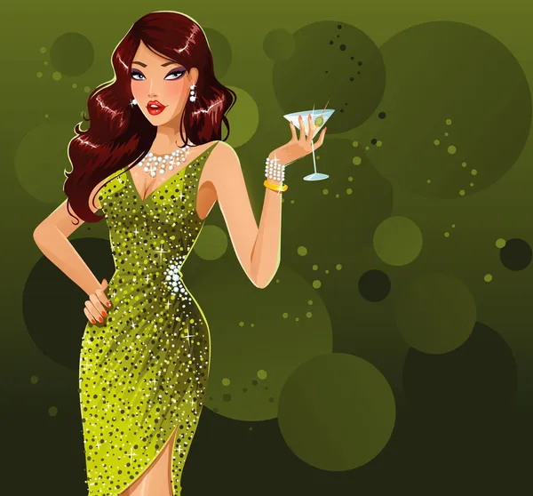 Belle femme sexy en robe verte — Image vectorielle