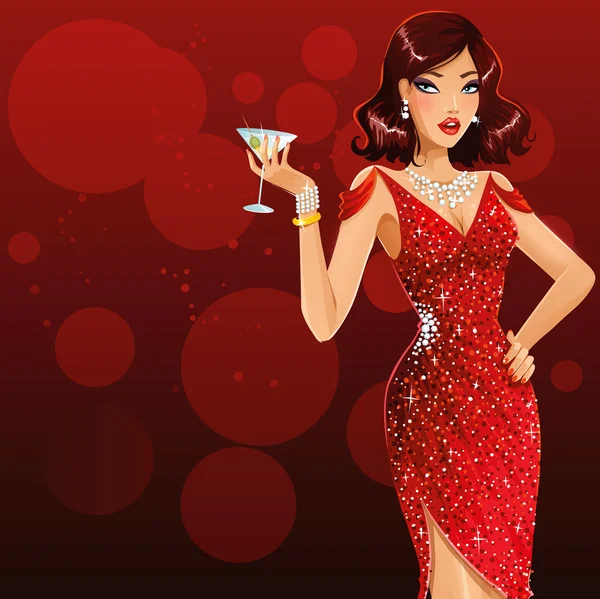 Hermosa mujer sexy en vestido rojo — Vector de stock