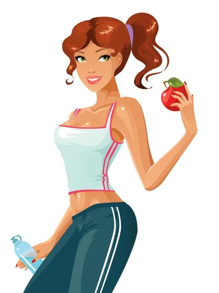 Chica atractiva y deportiva con agua y manzana — Vector de stock