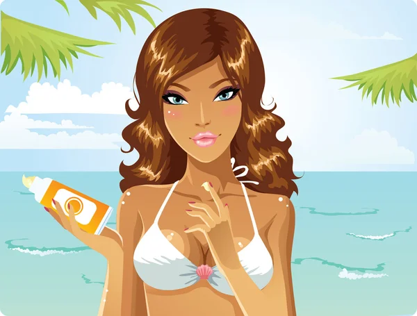 Beautiful girl putting sunscreen on the beach — Stock Vector