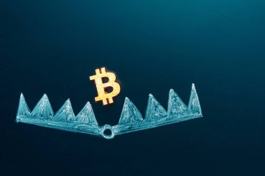 Kapana kısılmış konsept. Bitcoin bir yem. Ayı tuzağına kripto para. Yatırım riski veya para tuzağı, iş dolandırıcılığı ve aldatma veya finansal tuzak ve hata konsepti