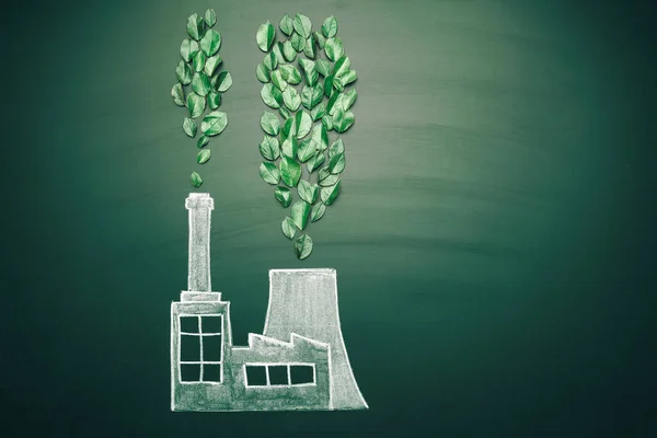 Ecology clean factory concept. Environmentally friendly planet. Symbolic eco clean air cloud made by green leaves. Ecological industry and alternative energy concept. Copy space