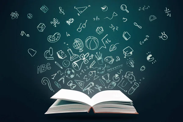 Onderwijsconcept Open Boeken Handgetekende Schoolkrabbels Studeren Kennis Leren Idee — Stockfoto