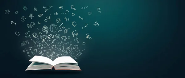 Onderwijsconcept Open Boeken Handgetekende Schoolkrabbels Studeren Kennis Leren Idee Kopieerruimte — Stockfoto