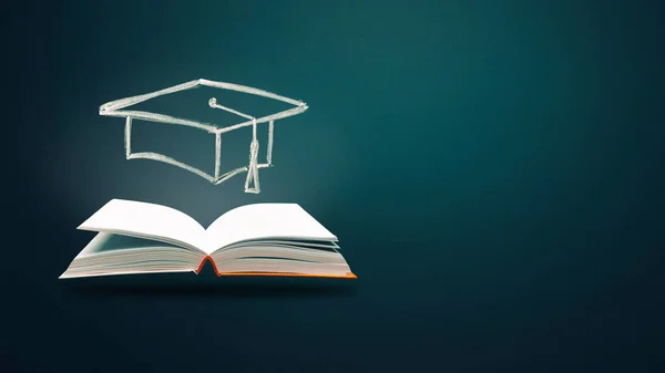 Eduction Gradfuation Concept Open Books Hand Drawn Graduation Hat Studying — Stock Photo, Image