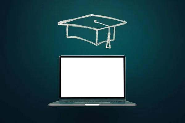 Onderwijs Afstudeerconcept Open Laptop Met Blanco Scherm Achtergrond Met Hand — Stockfoto