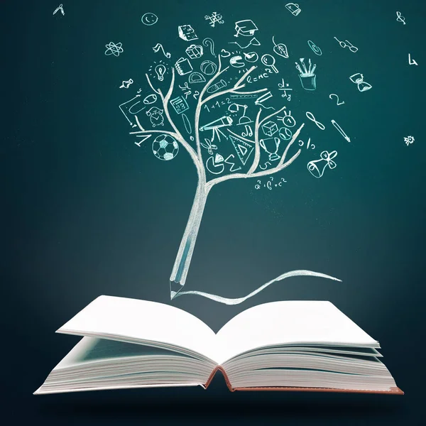 Onderwijs Concept Studeren Kennis Open Boek Met Potlood Boom Met — Stockfoto