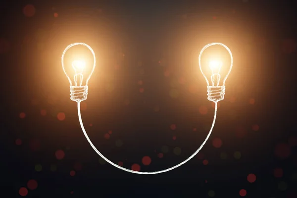 Идея Концепции Две Лампочки Соединены Символом Улыбки Образование Обучение Мотивация — стоковое фото