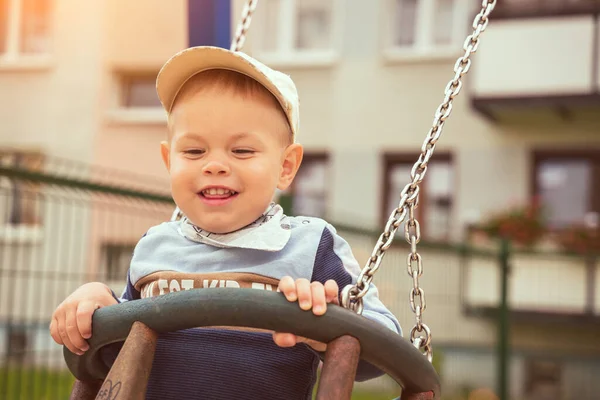 Swing Children Little Boy Having Fun Swing Playground Public Park —  Fotos de Stock