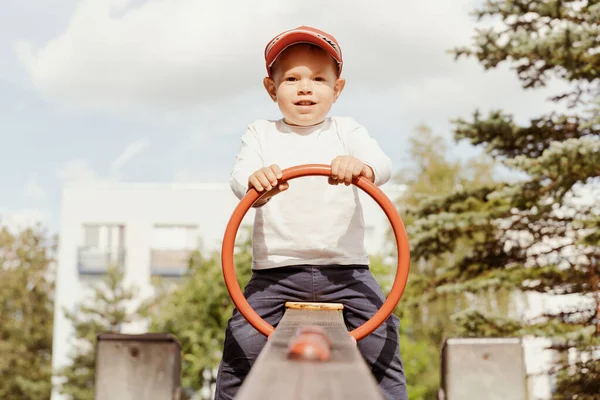 Children Having Fun Seesaw Little Boy Playground Summer Outdoor Activity — Photo