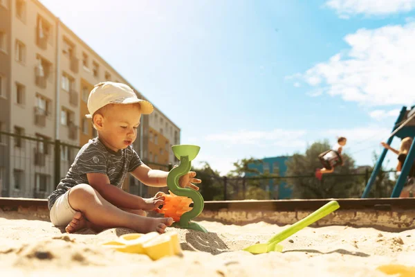 Child Playing Sandbox Little Boy Having Fun Playground Sandpit Outdoor —  Fotos de Stock