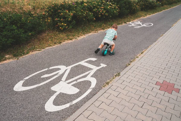 Boy on a bike. Child on balance bike riding on a bike path. Concept of healthy lifestyle, childhood.
