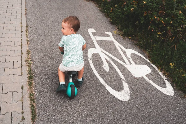 Boy Bike Child Balance Bike Riding Bike Path Concept Healthy —  Fotos de Stock