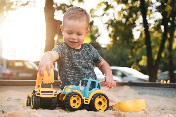 Child Playing Toys Sandbox Little Boy Having Fun Playground Sandpit —  Fotos de Stock
