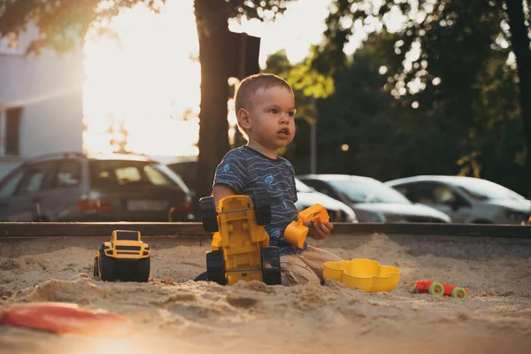 Kid Playing Toys Sandbox Little Boy Having Fun Playground Sandpit —  Fotos de Stock