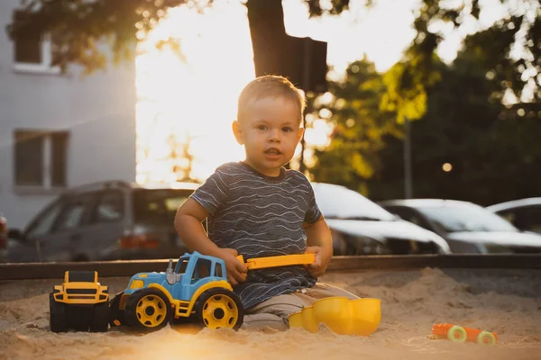 Boy Playing Toys Sandbox Child Having Fun Playground Sandpit Outdoor —  Fotos de Stock