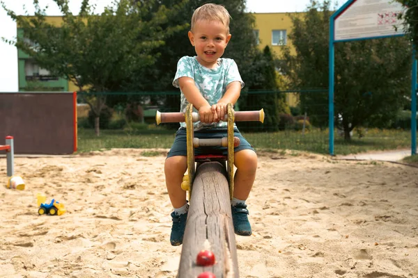 Swing Children Little Boy Having Fun Swing Playground Public Park — Photo