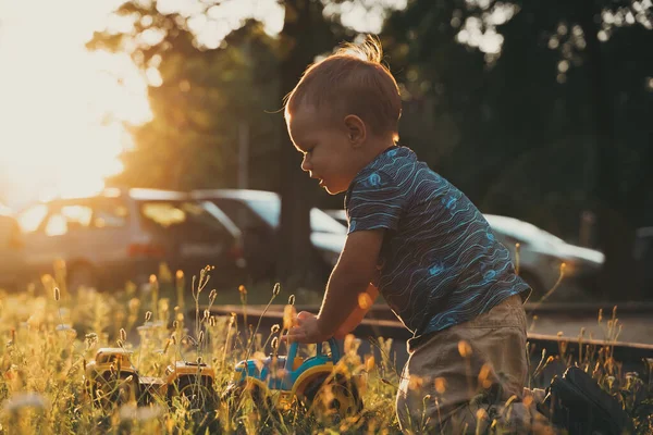 Kid Playing Toys Child Having Fun Playground Sunset Outdoor Creative —  Fotos de Stock